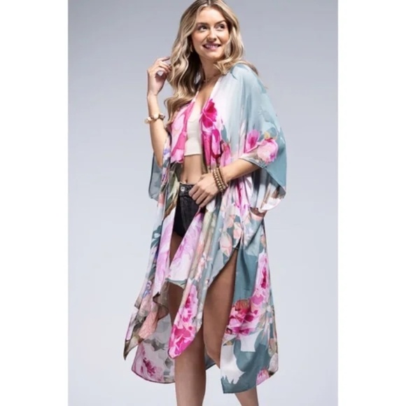 Accessories - Rose Floral Printed Monet Spring Summer Open Style Kimono Wrap Coverup Top